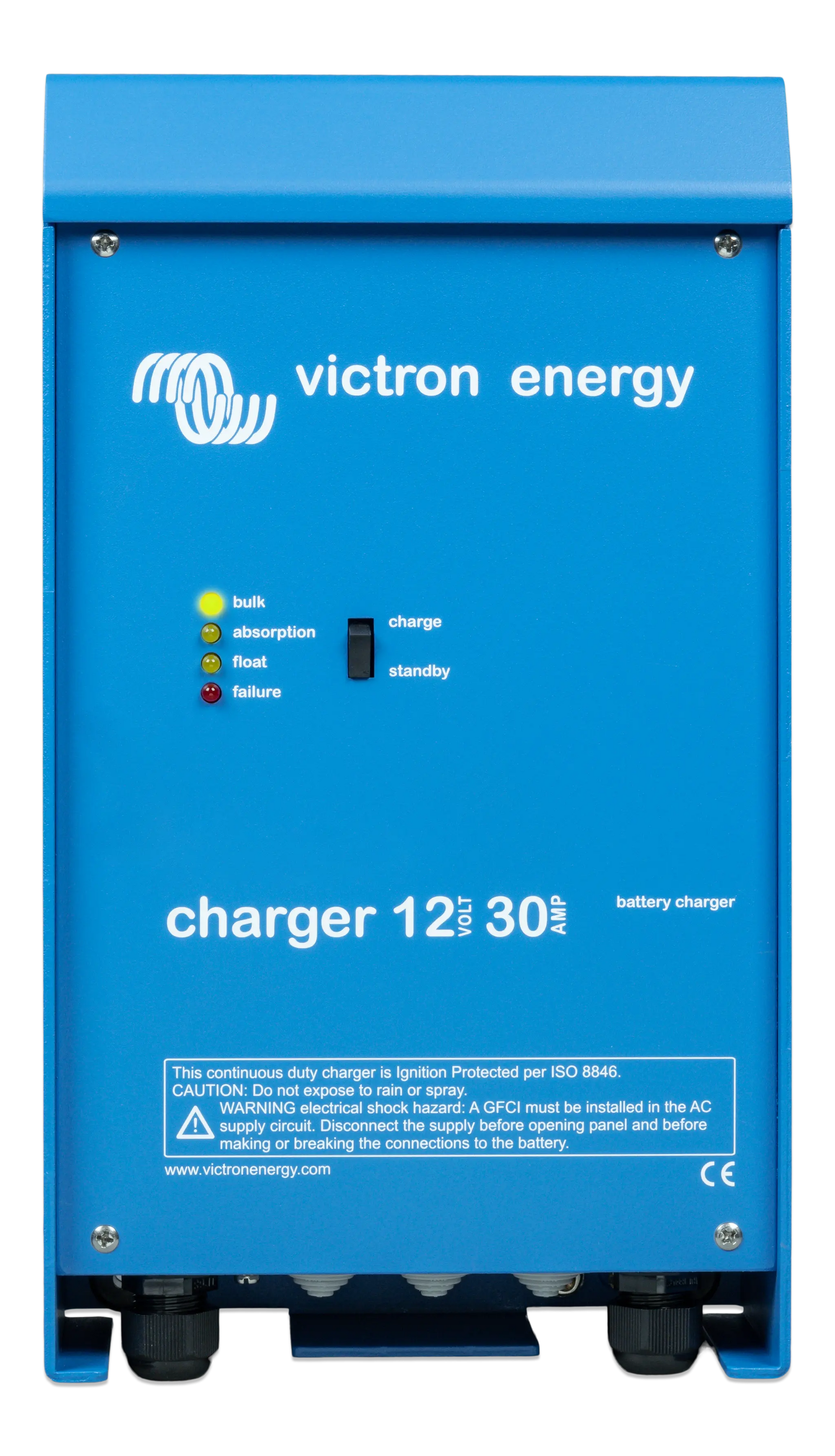 Blue Victron Energy battery charger with charging stages on a white background