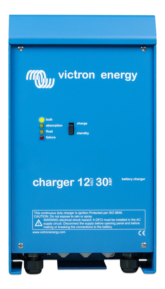 Blue Victron Energy battery charger with charging stages on a white background