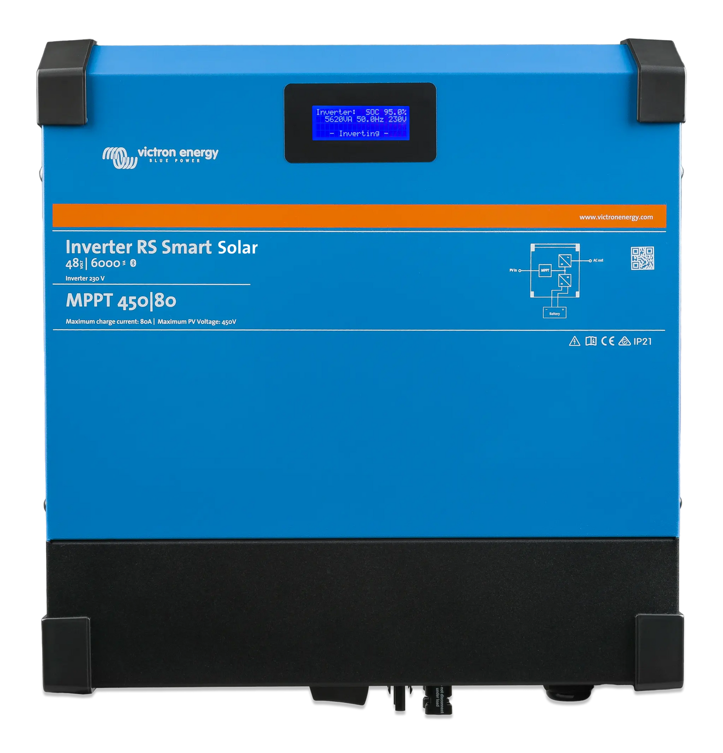 Blue inverter with black top and bottom on a white background