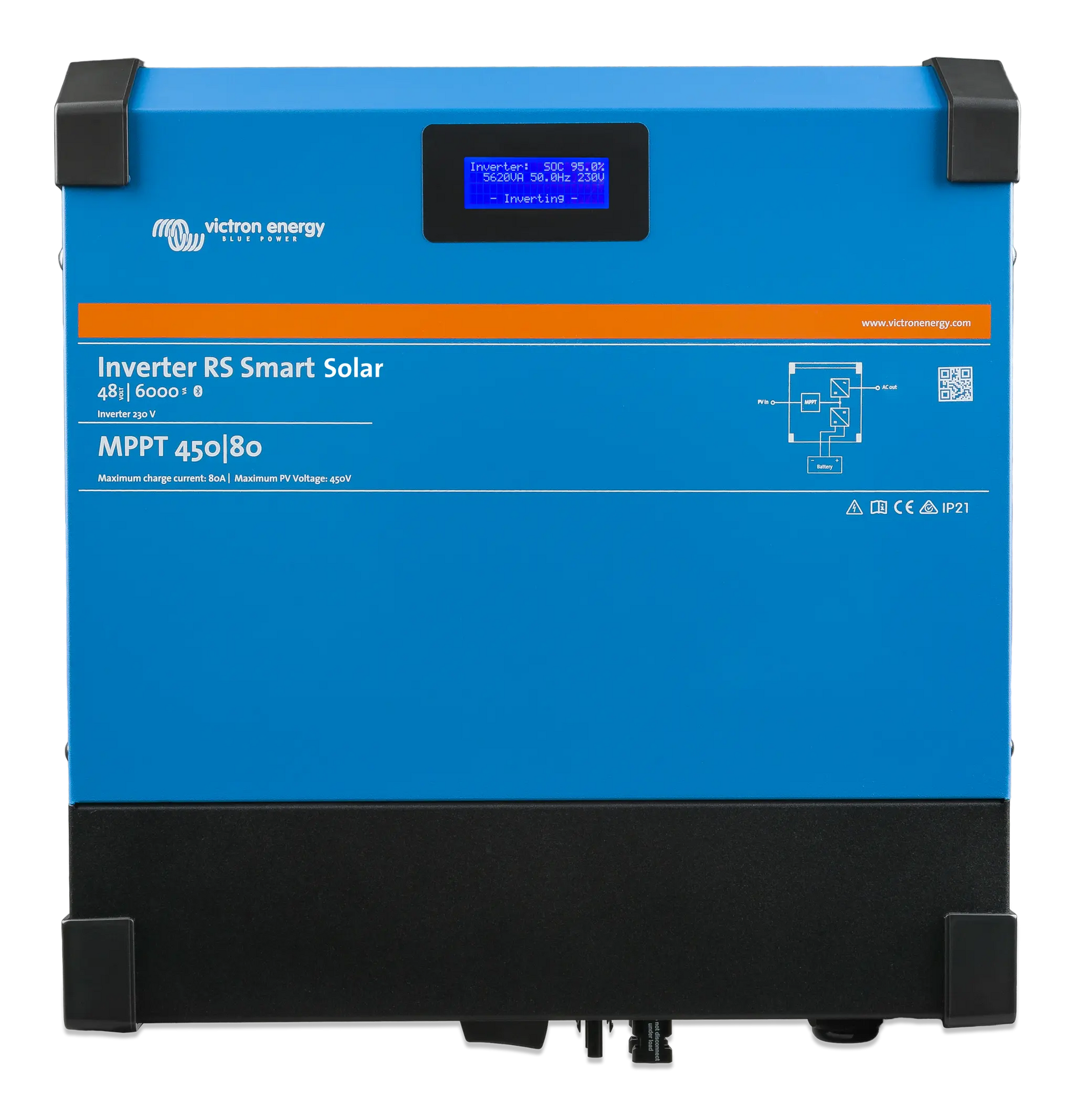Blue inverter with black top and bottom on a white background