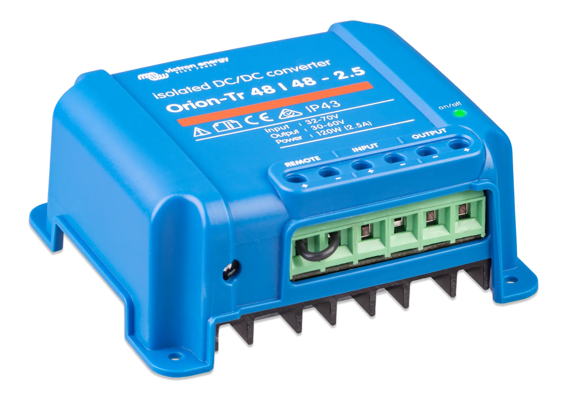 Blue DC/DC converter with visible branding on a white background