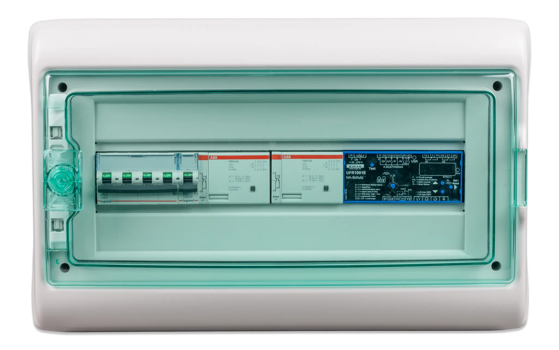 Electrical panel with green cover on a white background
