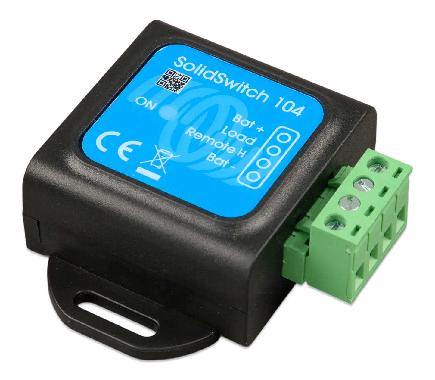 SolidSwitch 104 electronic component with blue label and green connector on a white background