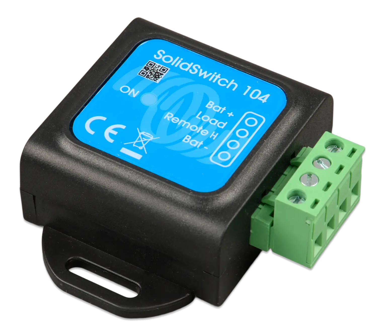 SolidSwitch 104 electronic component with blue label and green connector on a white background