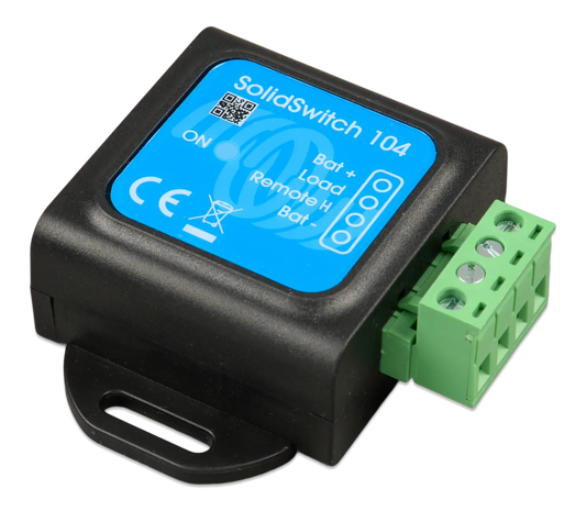 SolidSwitch 104 electronic component with blue label and green connector on a white background