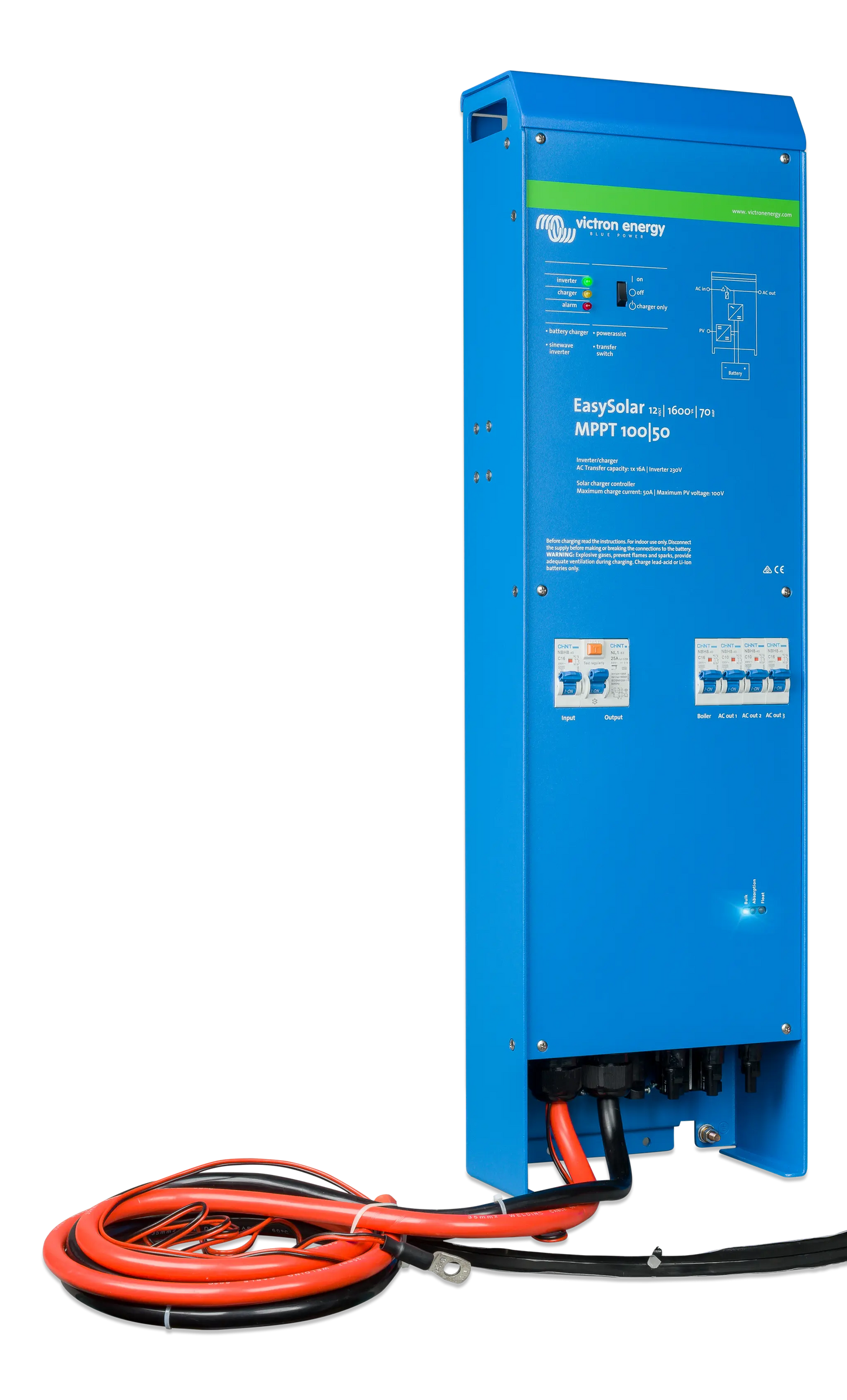 Blue power inverter with cables on a white background
