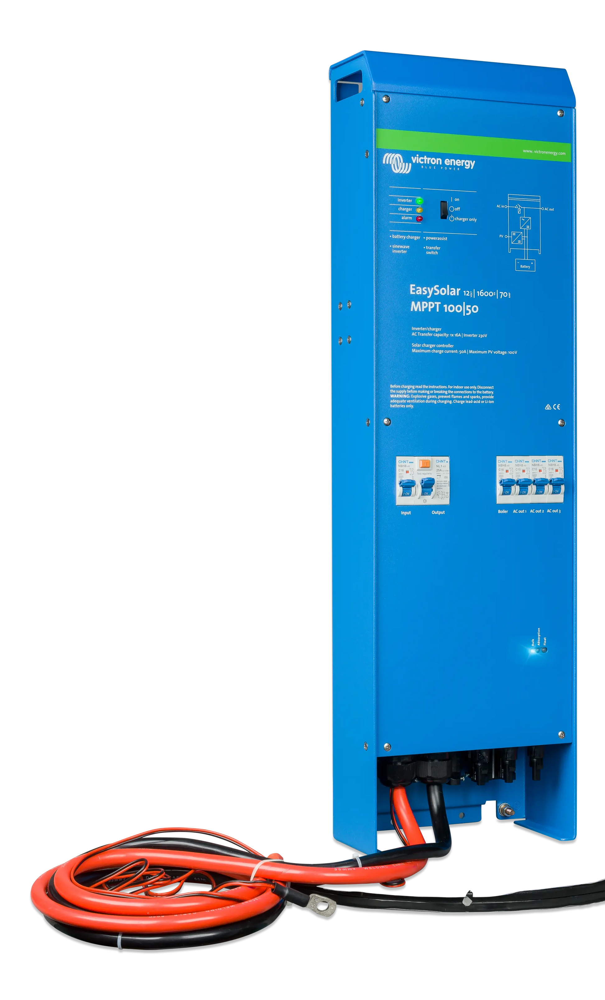 Blue power inverter with cables on a white background
