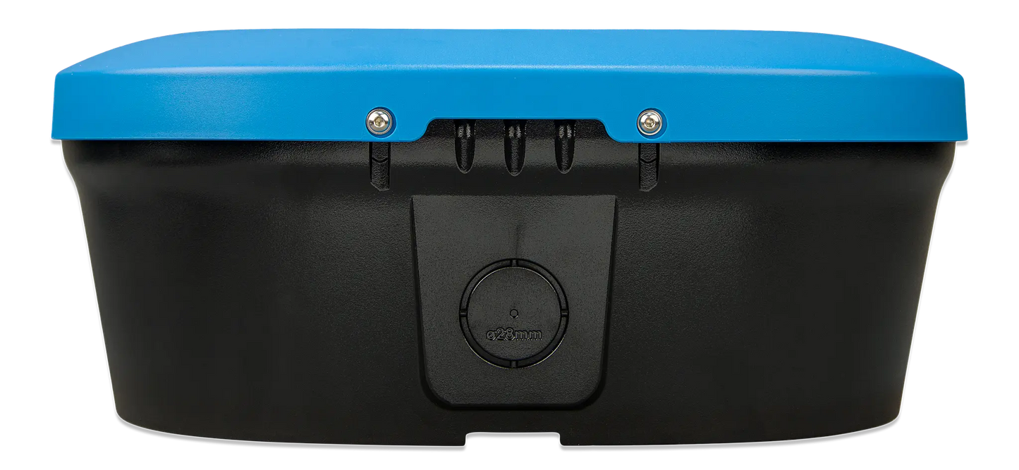 Black storage box with a blue lid on a white background