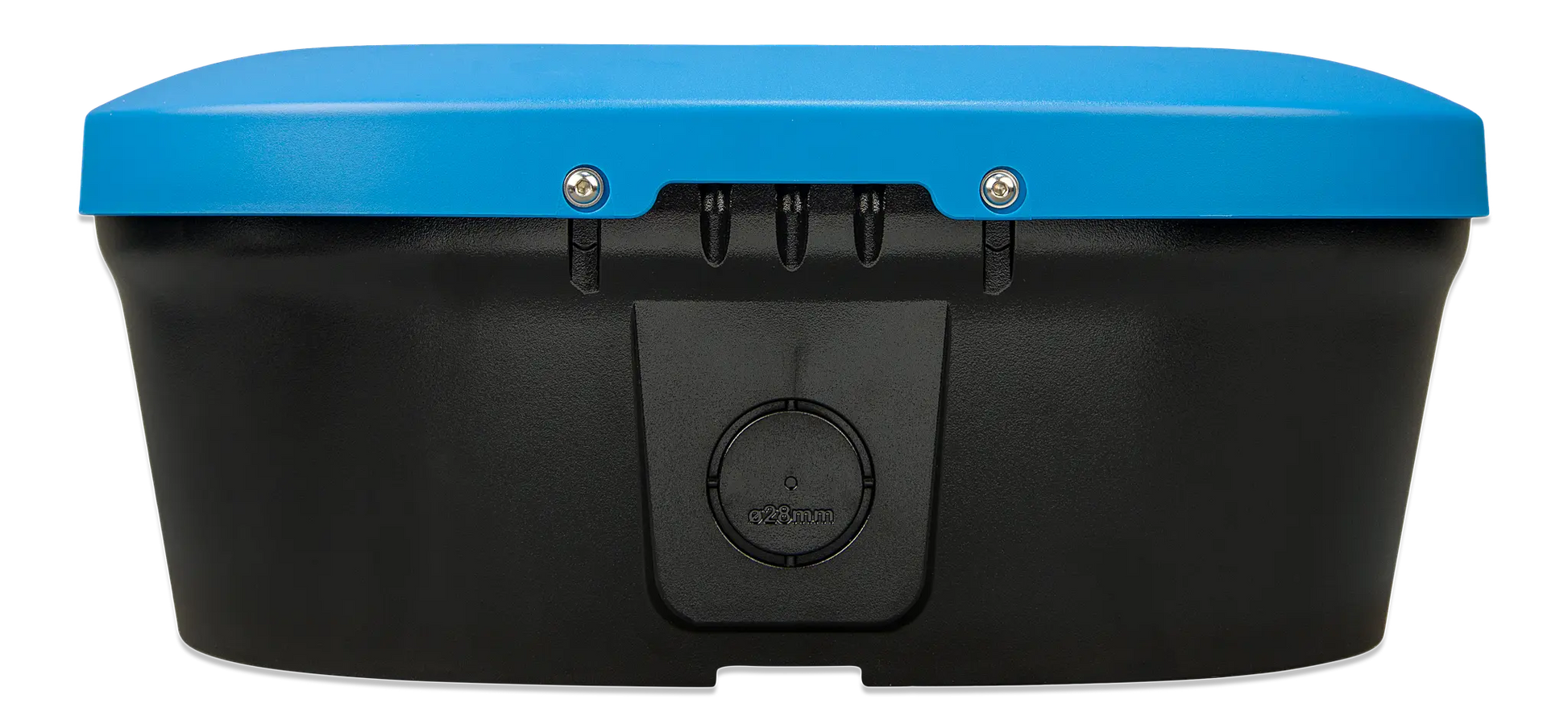 Black storage box with a blue lid on a white background