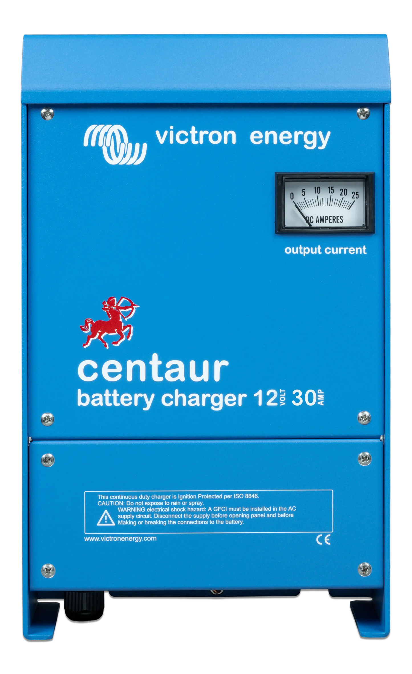 Blue Victron Energy Centaur battery charger on a white background