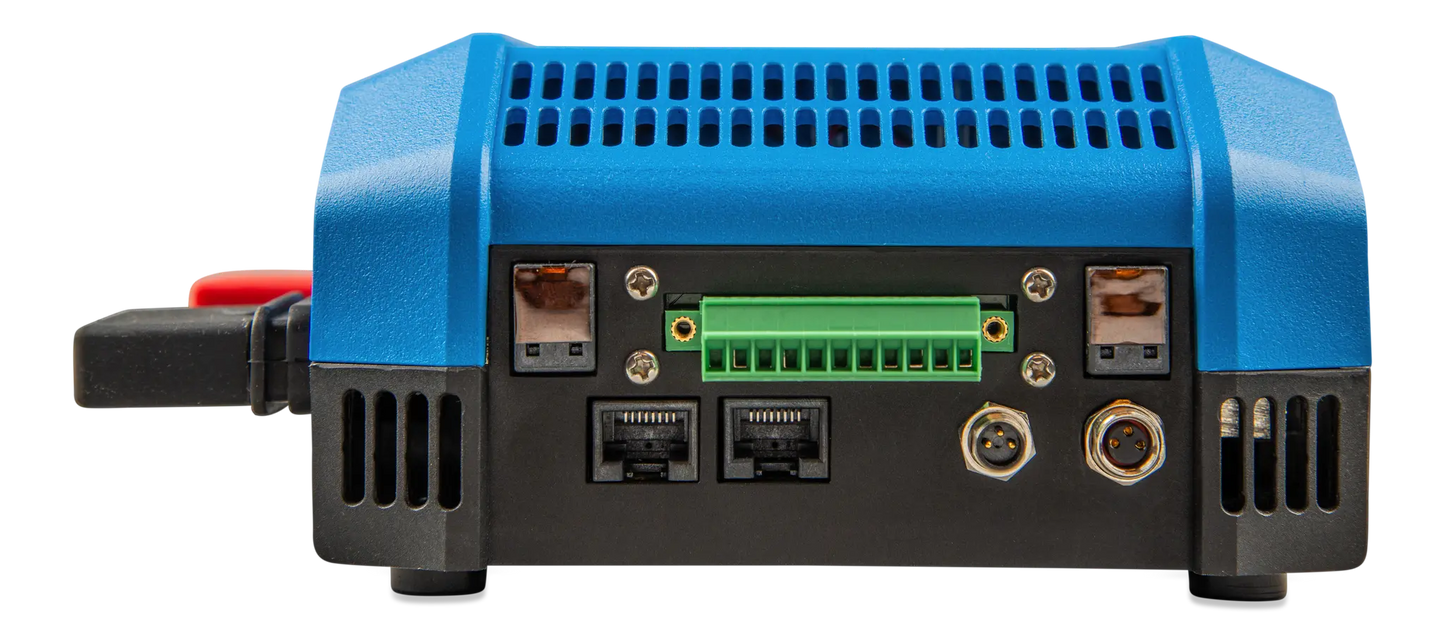 Blue and black electronic device with connectors on a white background