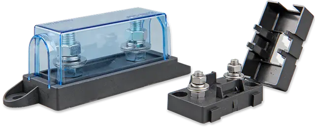 Electrical fuse block with blue cover and black housing on a white background