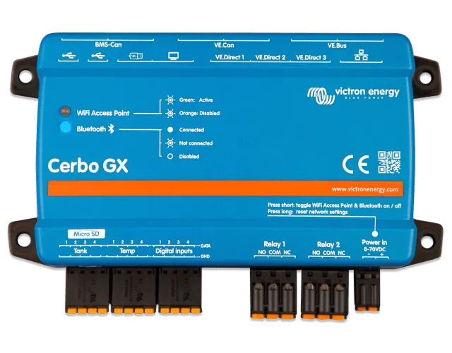 Blue electronic module with 'Cerbo GX' branding on a white background