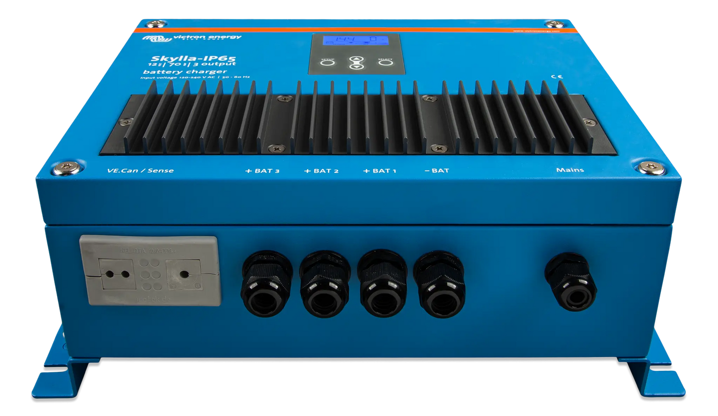 Blue power inverter with multiple connectors on a white background