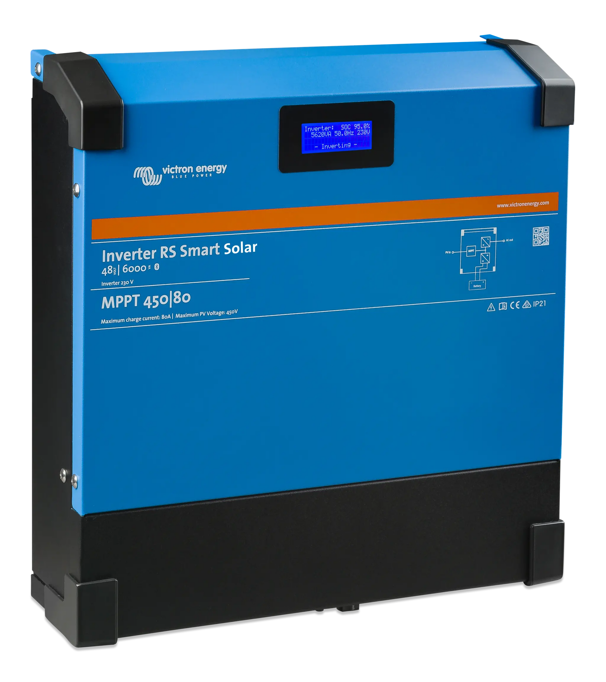 Blue solar inverter with black base on a white background