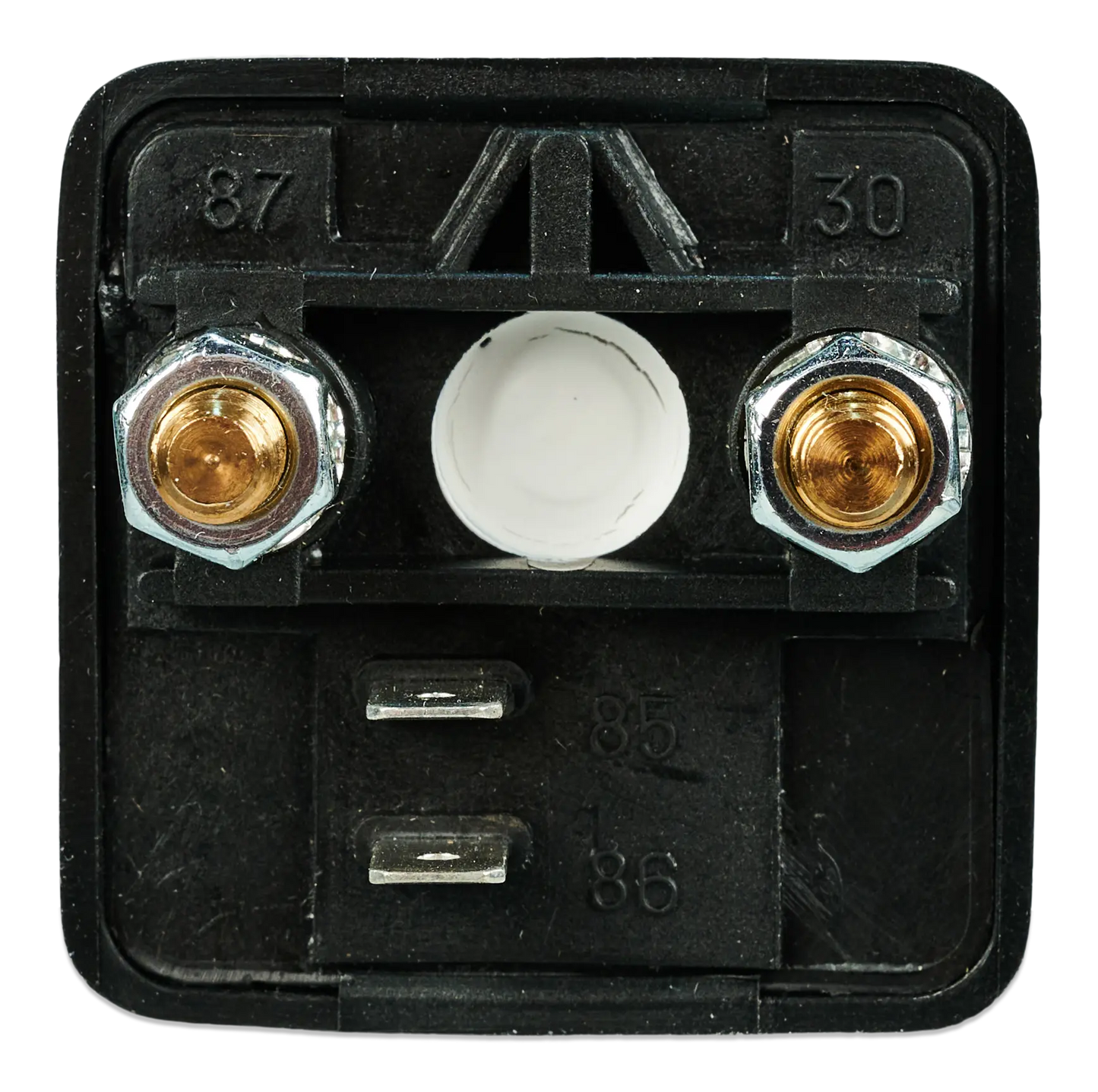 Electrical component with gold and white terminals on a black background