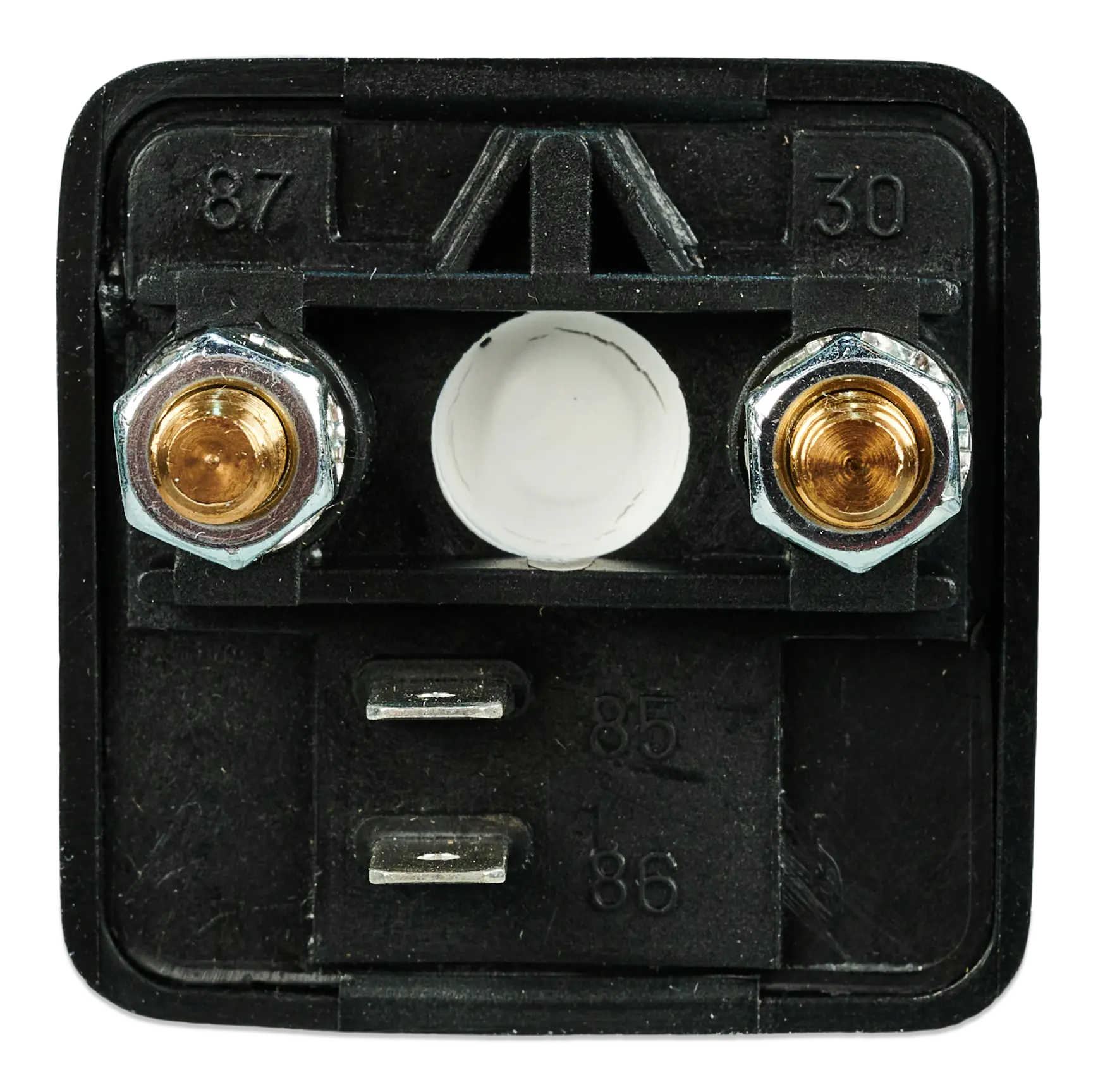 Electrical component with gold and white terminals on a black background