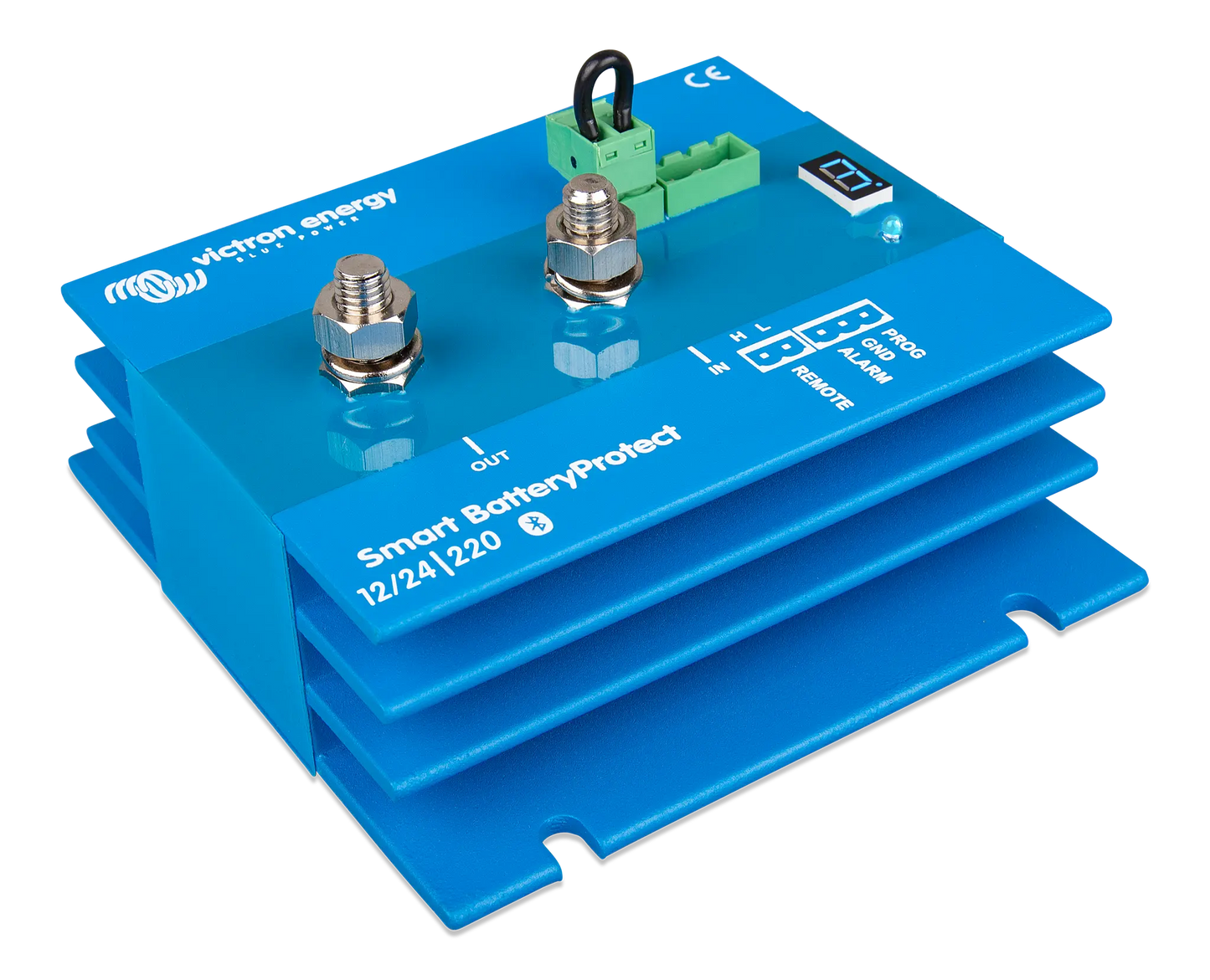 Blue battery protection device with visible branding on a white background