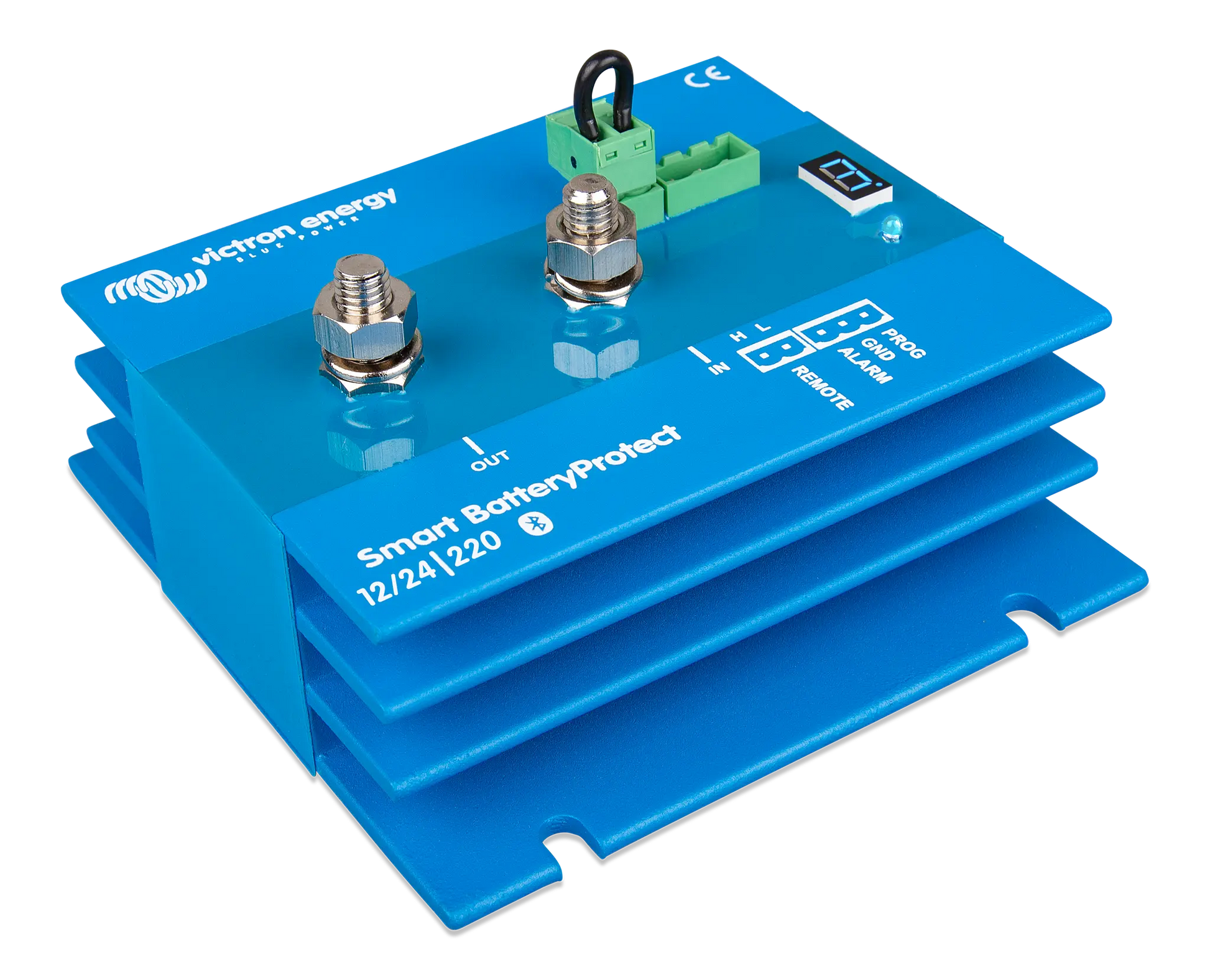 Blue battery protection device with visible branding on a white background