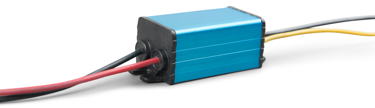 Blue electronic module with red and yellow wires on a white background