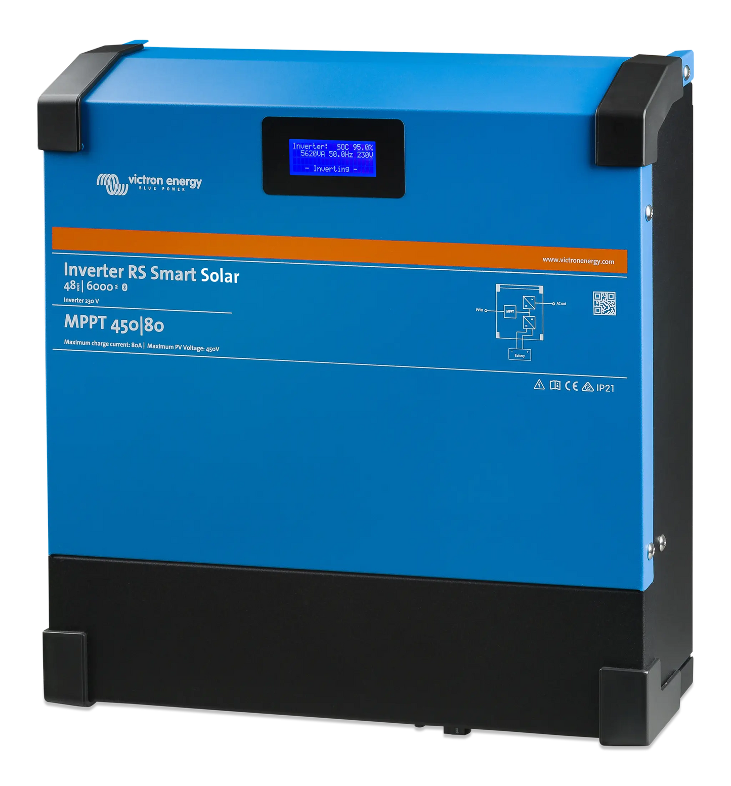 Blue solar inverter with black accents on a white background