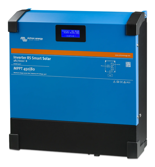 Blue solar inverter with black accents on a white background