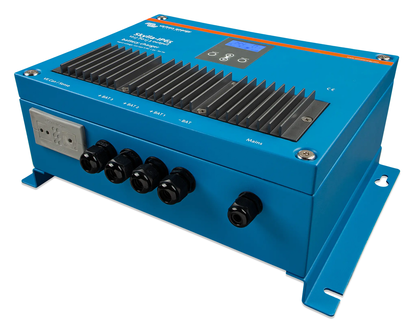 Blue electronic device with various ports and controls on a white background