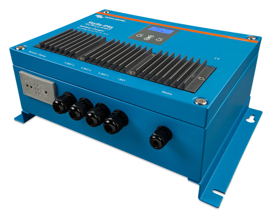 Blue electronic device with various ports and controls on a white background