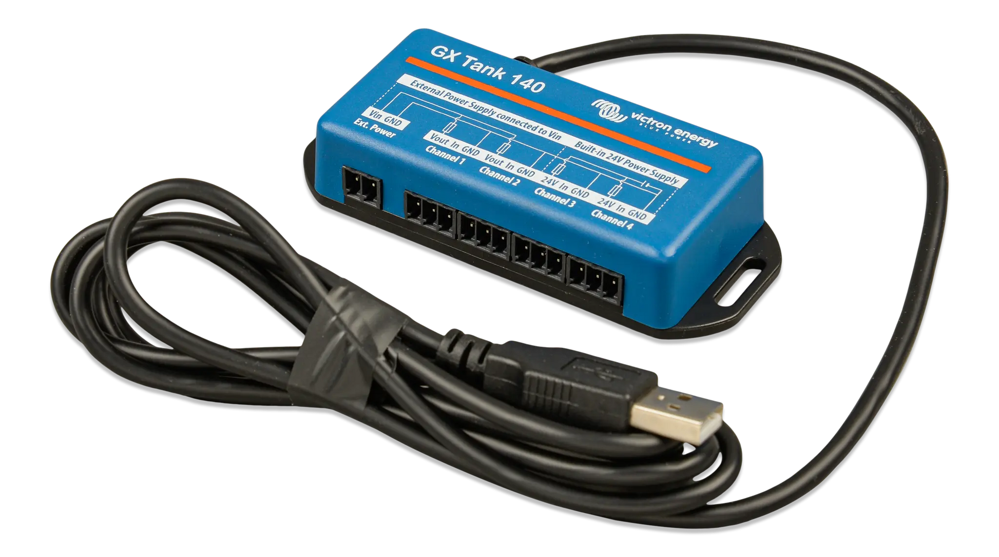 Blue electronic device with USB cable on a white background