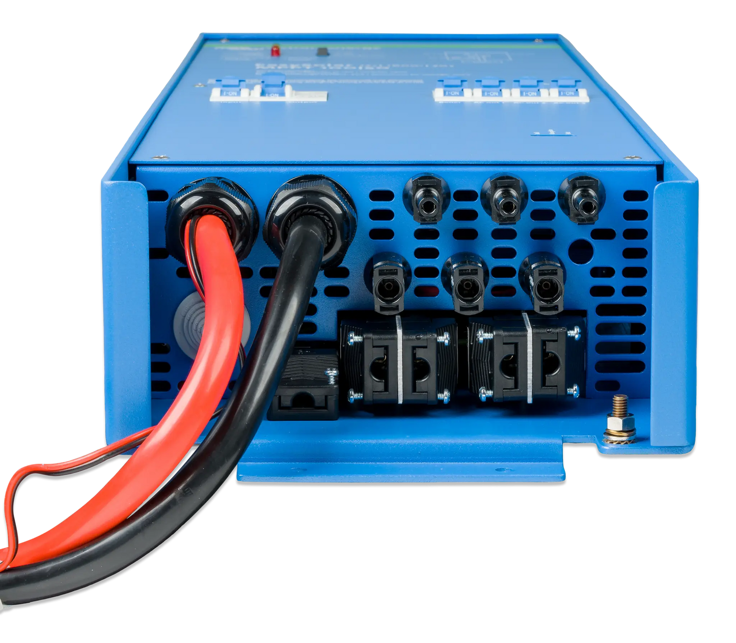 Blue electrical power inverter with red and black cables on a white background