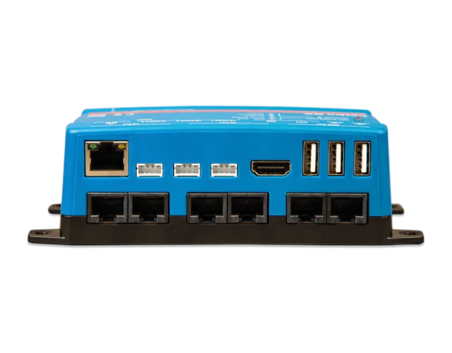 Blue electronic device with multiple ports on a white background