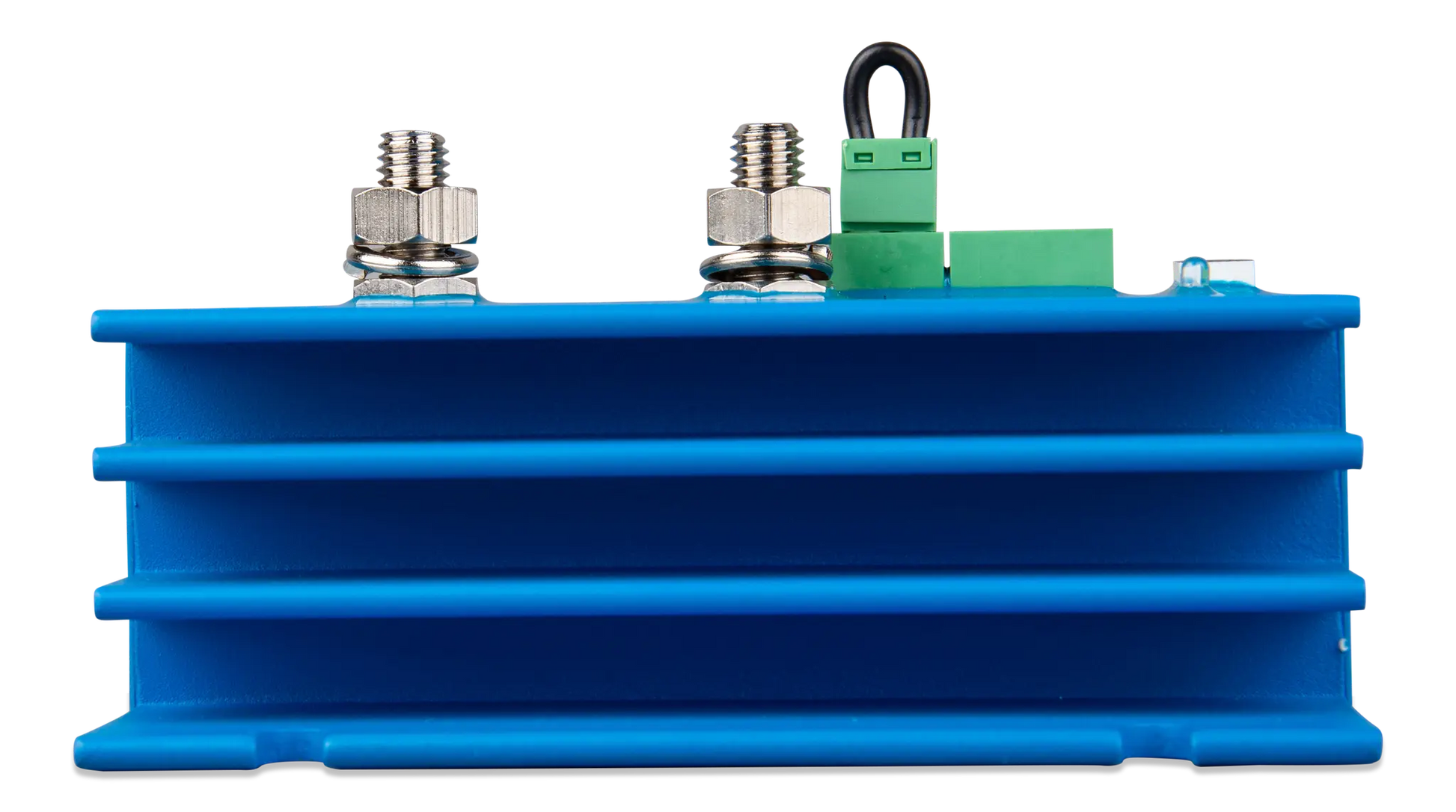 Blue electronic component with connectors on a white background