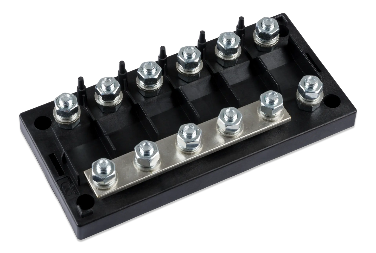Black electrical terminal block with multiple silver bolts on a white background