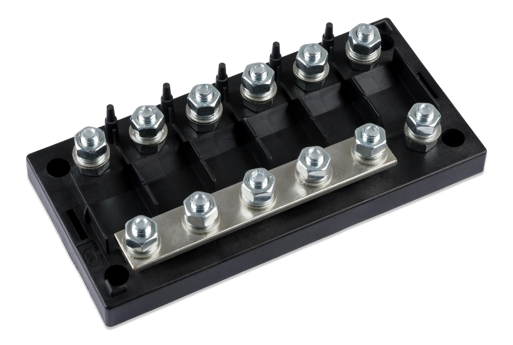 Black electrical terminal block with multiple silver bolts on a white background