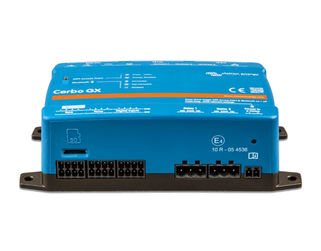 Blue electronic device with multiple ports on a white background