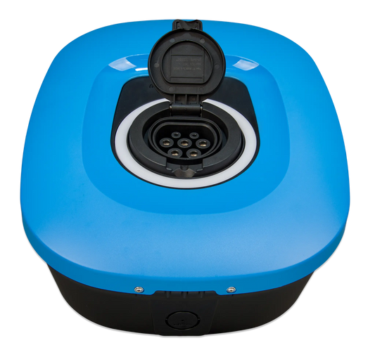 Blue electric vehicle charging station with open socket on a white background