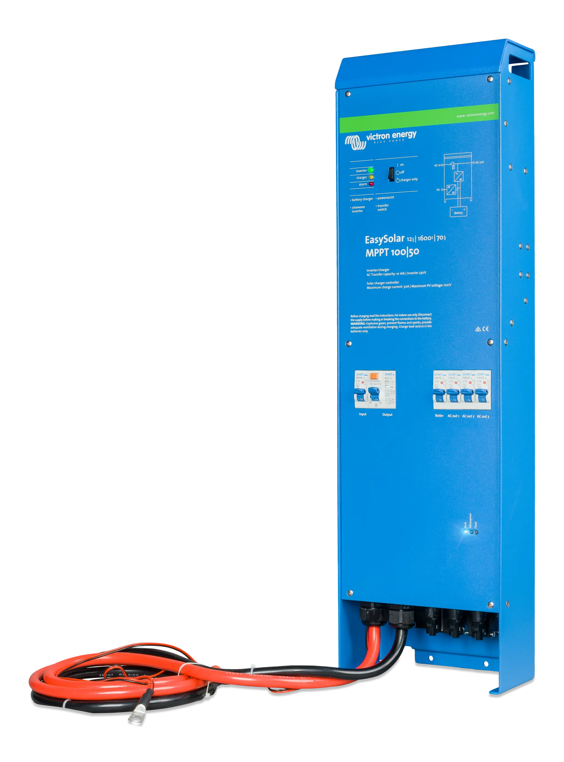 Blue power station with cables on a white background