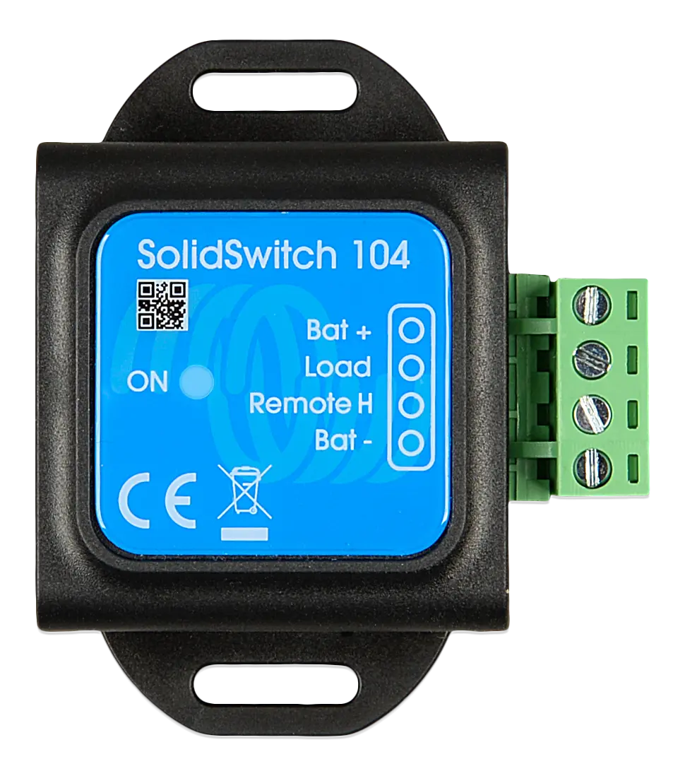 SolidSwitch 104 electronic component with blue display and black casing on a white background