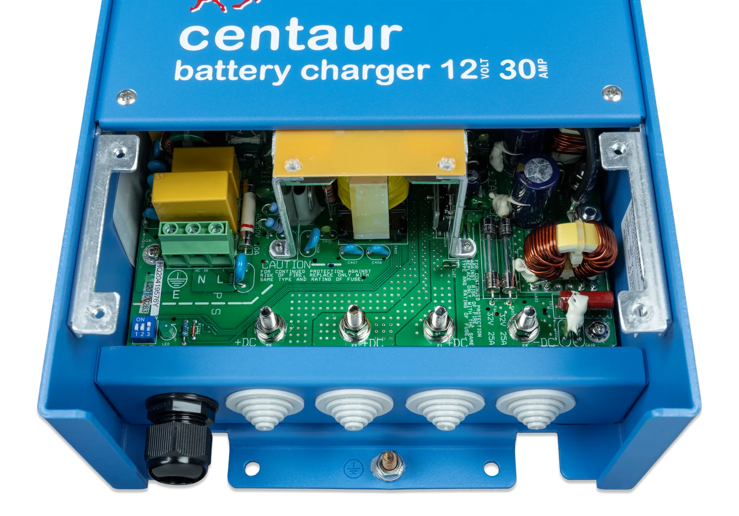 Blue battery charger with visible circuit board and branding on a white background