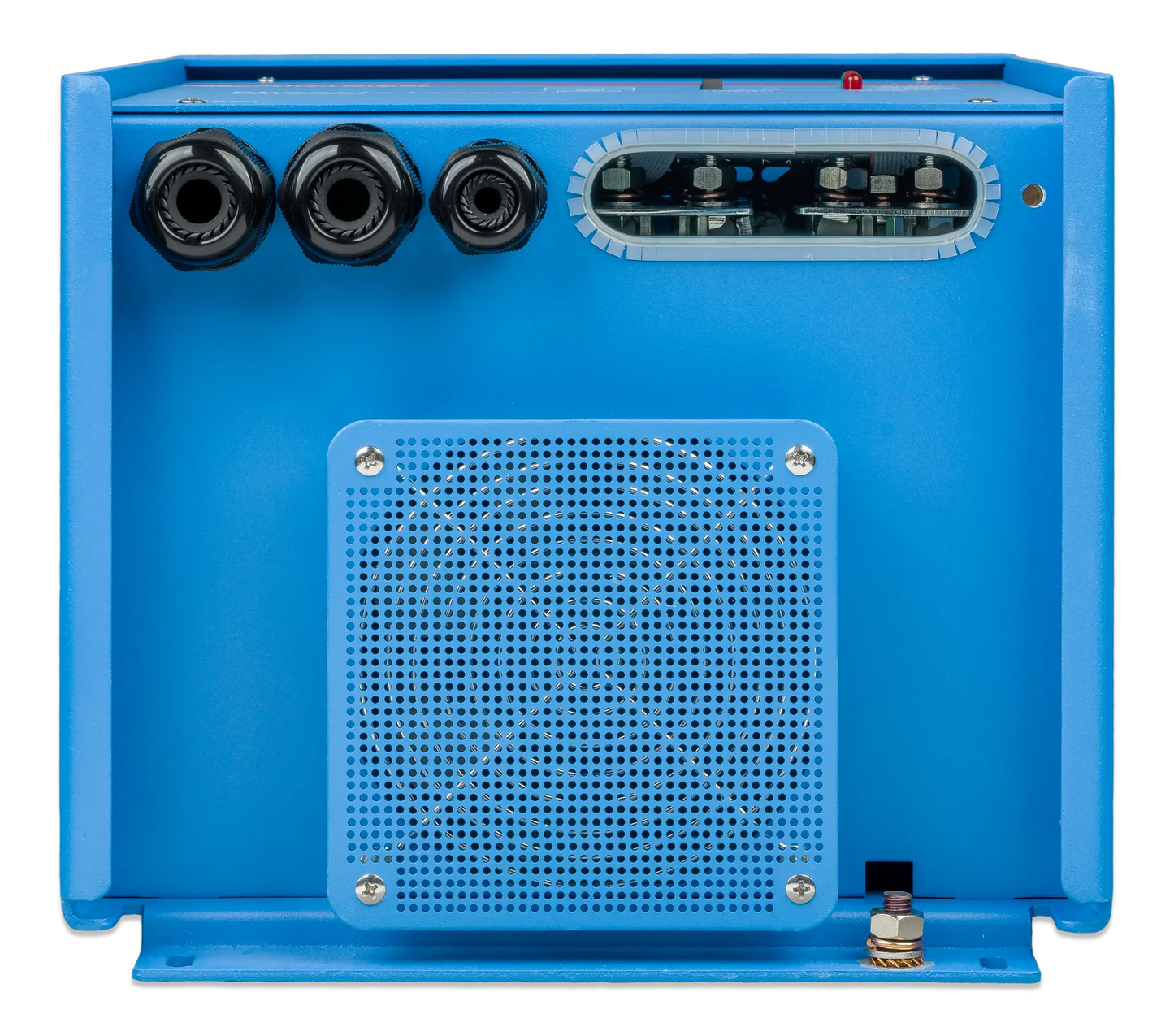 Blue electronic device with multiple connectors on a white background