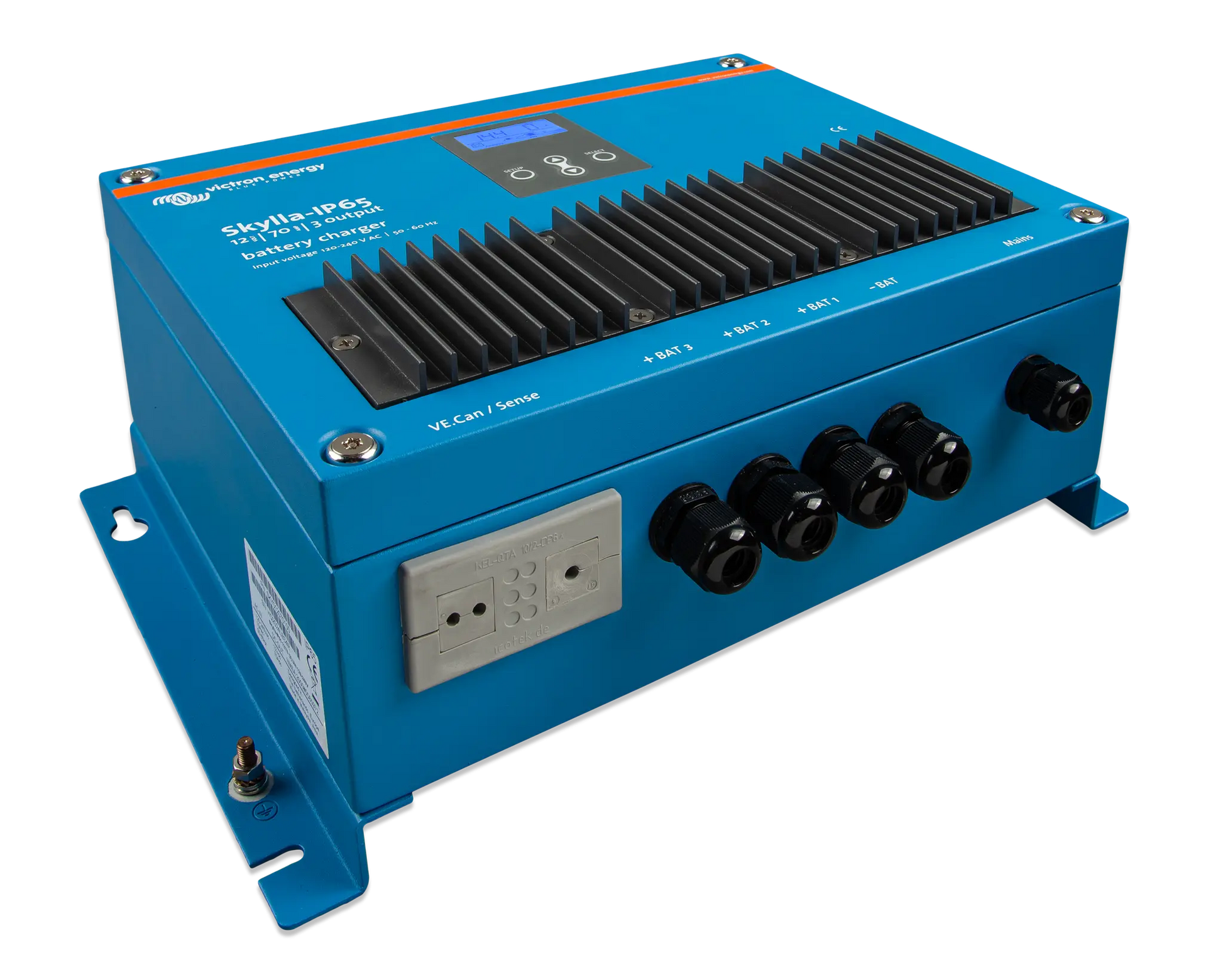 Blue power converter with control panel on a white background