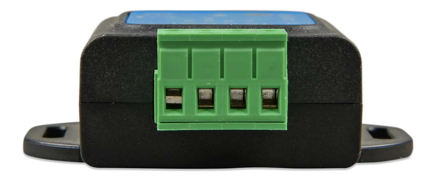 Black electronic module with green connectors on a white background