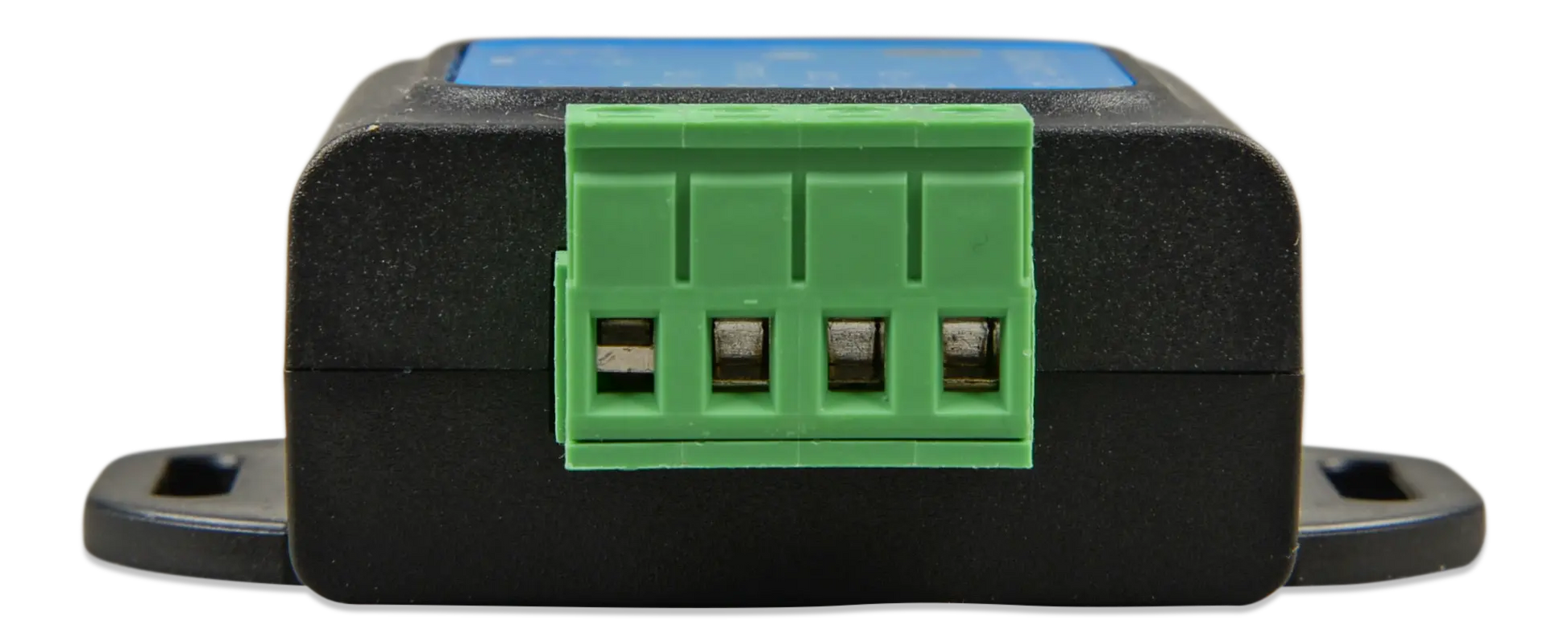 Black electronic module with green connectors on a white background
