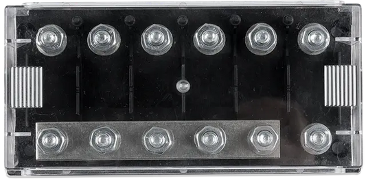 Rectangular electronic component with multiple metallic contacts on a clear background