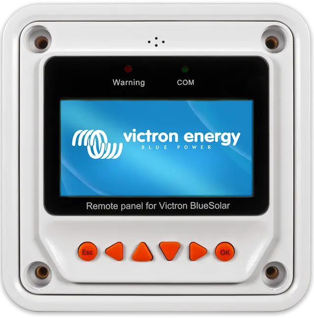 Remote panel for Victron BlueSolar with Victron Energy logo on a blue screen.