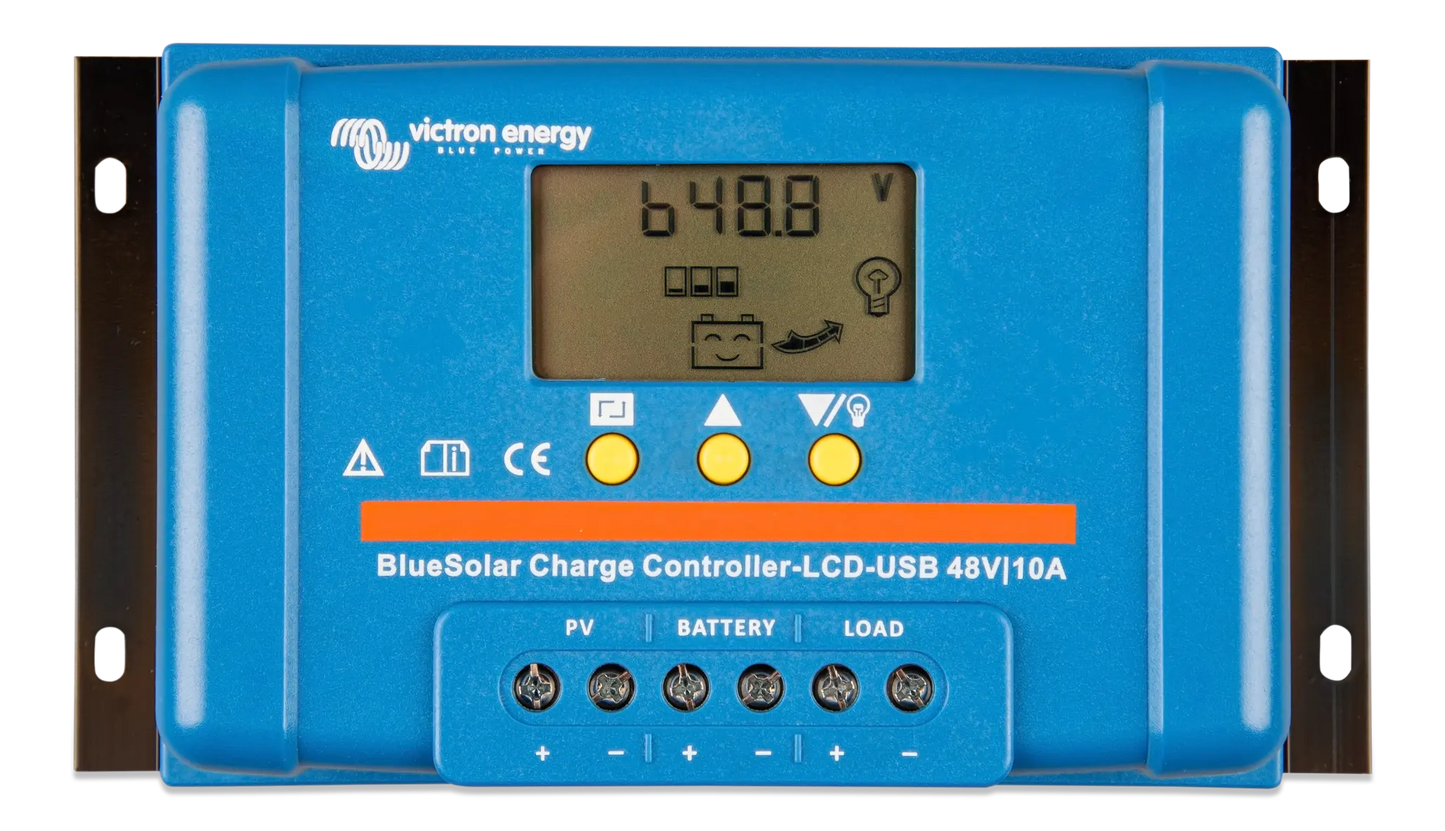 Blue solar charge controller with digital display on a white background