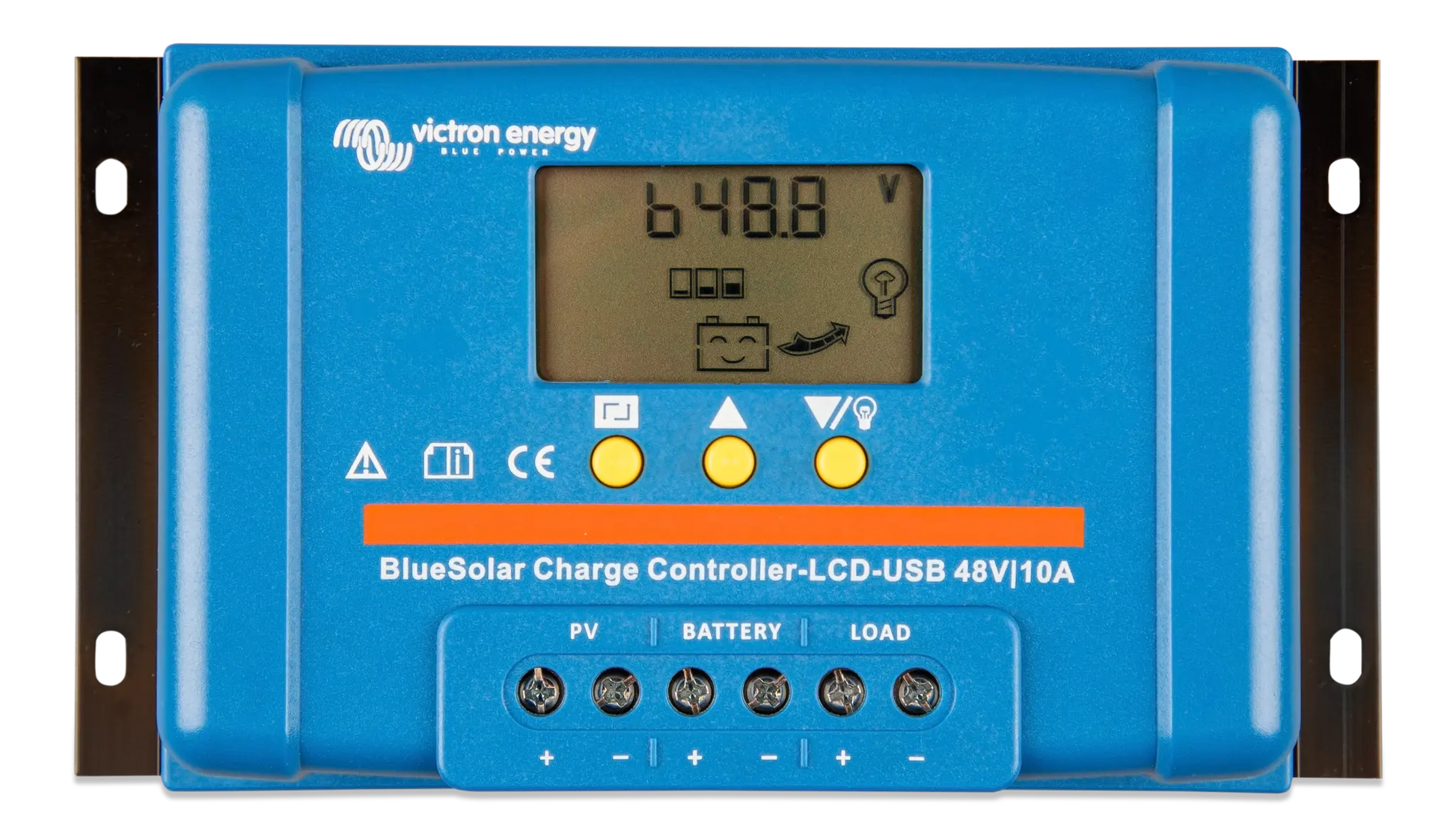 Blue solar charge controller with digital display on a white background