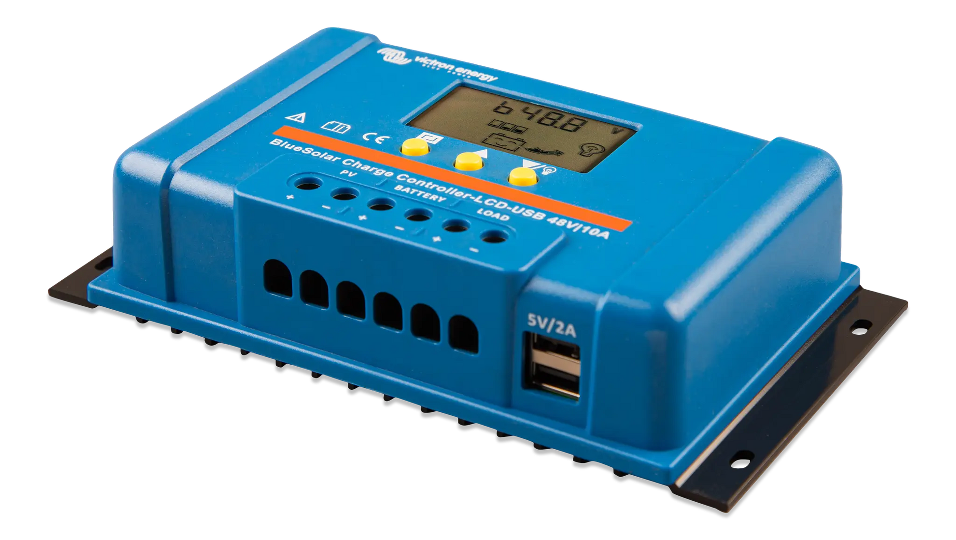 Blue solar charge controller with digital display on a white background