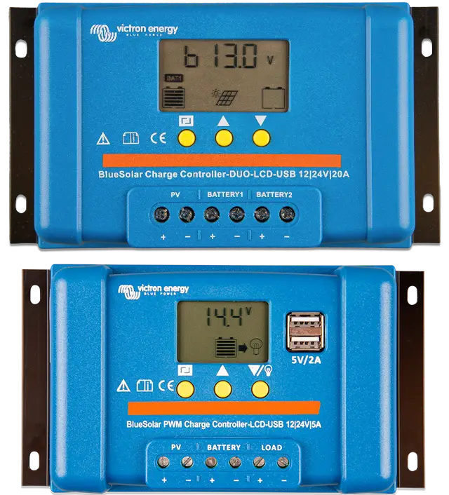 Two blue Victron energy solar charge controllers on a white background
