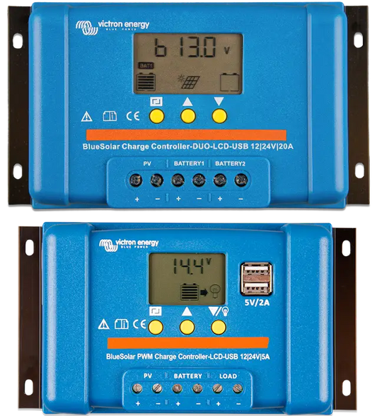 Two blue Victron energy solar charge controllers on a white background